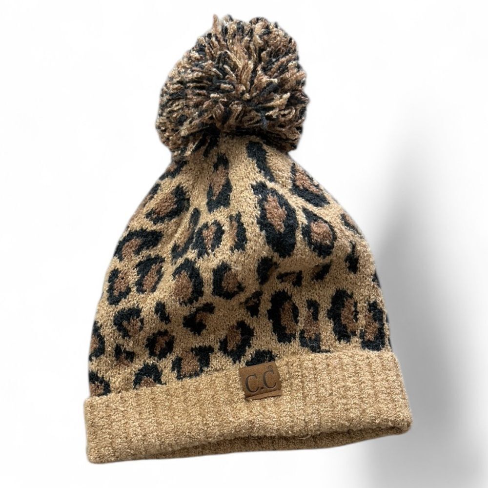 C.C Leopard Brown & Black Beanie with Pom Pom
